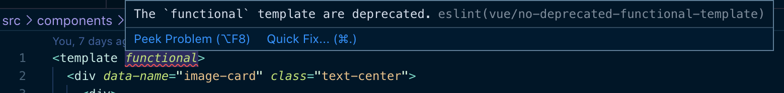 Example of an eslint rule warning about removed 'functional' attribute on template tags